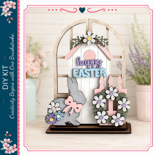 A wooden Easter decoration featuring a bunny, wreath, and flowers, with the text "Happy Easter" displayed on the structure.