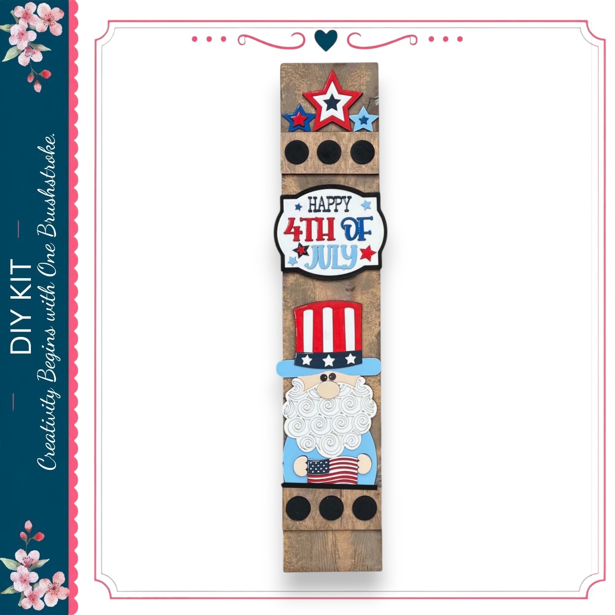 A vertical wooden sign with patriotic decorations, including a star, a red and white striped hat, and an American flag, along with the text "Happy 4th of July".