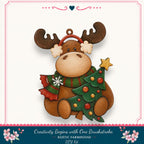 A wooden ornament of a moose holding a Christmas tree, with a star on top, is displayed against a white background.