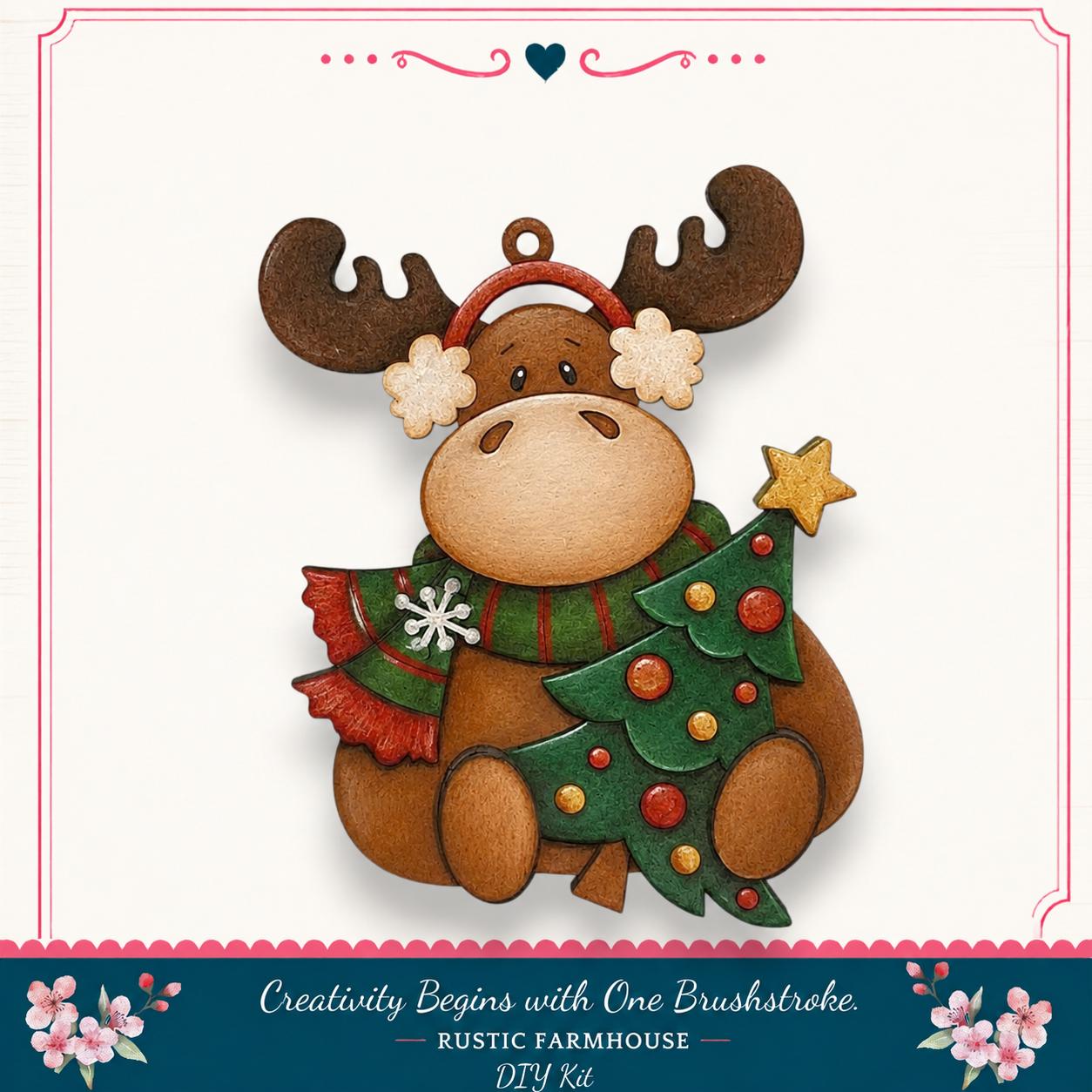 A wooden ornament of a moose holding a Christmas tree, with a star on top, is displayed against a white background.