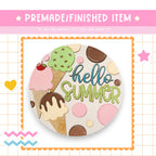 a picture of an ice cream sundae with the words hello summer on it