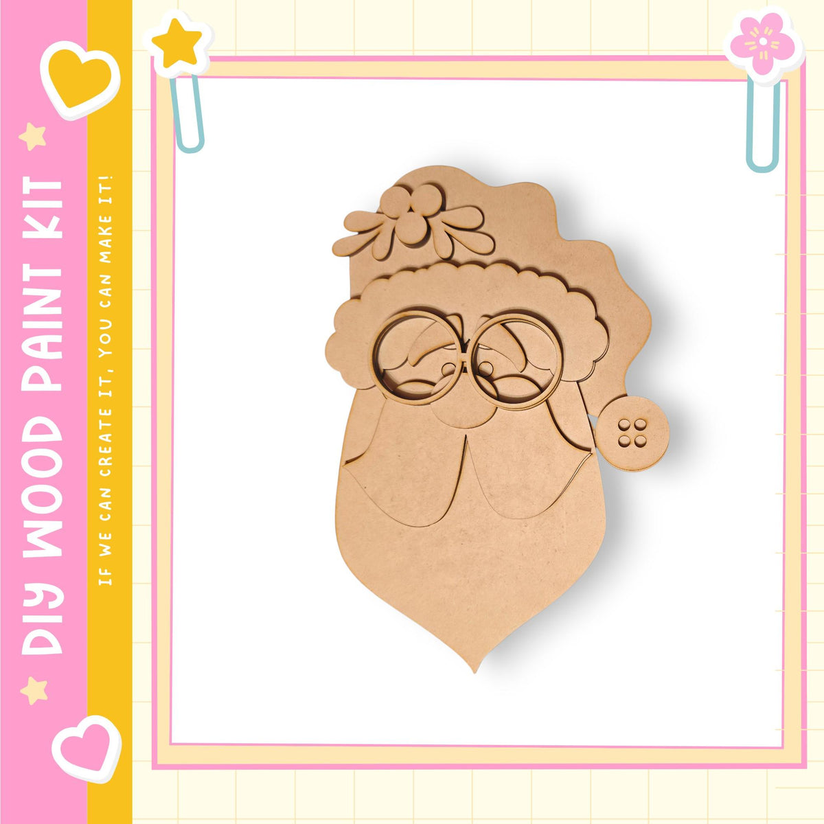 a wooden Santa Claus figure with a flower on its head, set against a pink and yellow background with decorative elements.