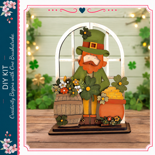 A wooden figure of a leprechaun holding a barrel of gold coins and flowers, set against a backdrop of shamrocks and a window.
