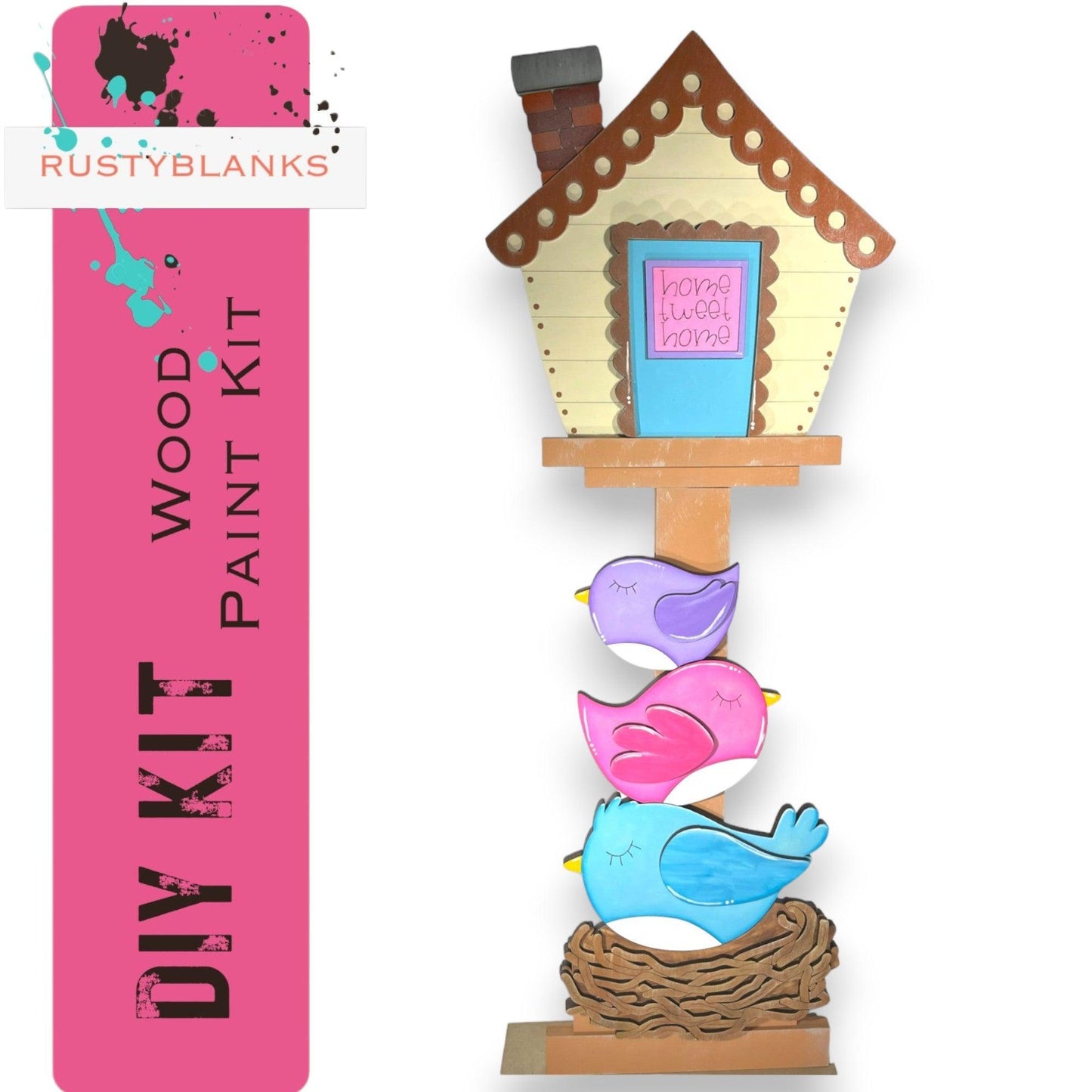 a wooden bird house with a pink banner behind it