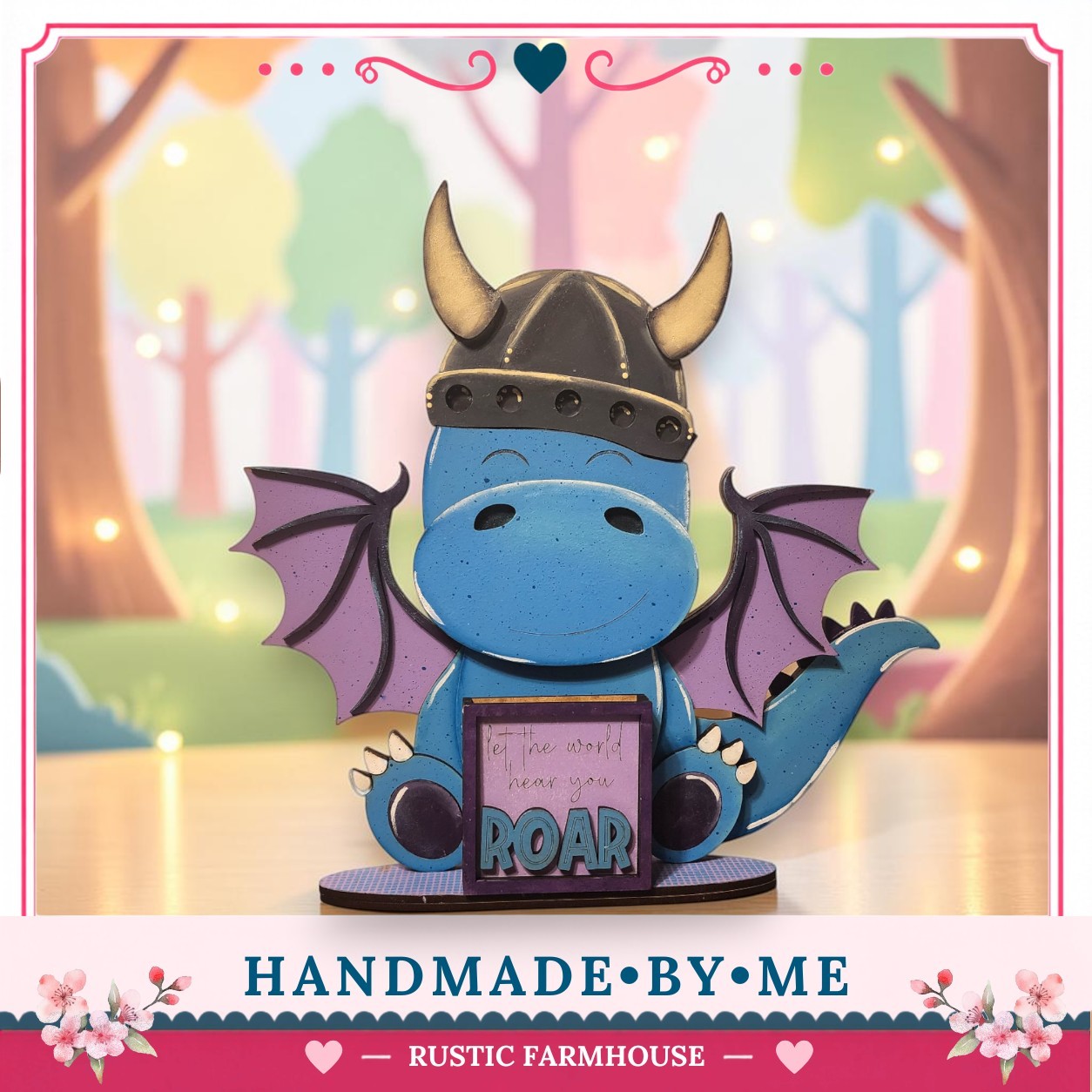 A handcrafted wooden dragon figurine wearing a helmet and holding a sign that says "Roar" is displayed in a rustic farmhouse setting.