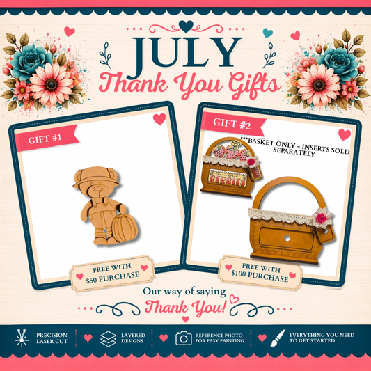 The image is a promotional poster for a gift shop, featuring two wooden items for sale: a wooden teddy bear and a wooden basket. The poster highlights the items as "Gift #2" and "Gift #1", with a message expressing gratitude for customers' purchases. The poster also includes a free gift offer, a reference photo, and a layered design.