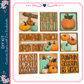 The image is a collage of various pumpkin-themed signs and illustrations, including a sign that says "You pick the patch", a sign that says "Pumpkin patch", and a sign that says "Fresh picked pumpkins".