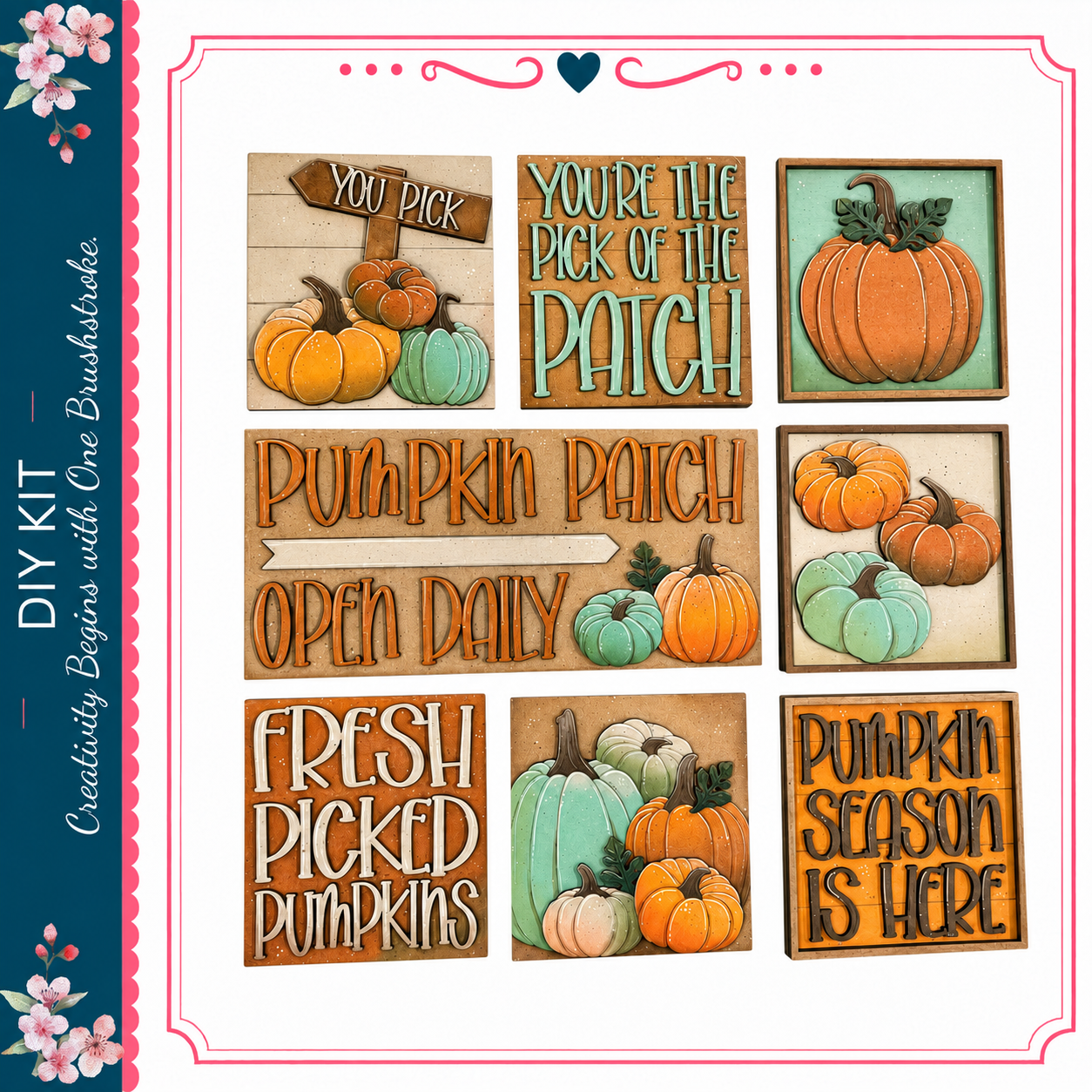 The image is a collage of various pumpkin-themed signs and illustrations, including a sign that says "You pick the patch", a sign that says "Pumpkin patch", and a sign that says "Fresh picked pumpkins".