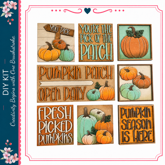 The image is a collage of various pumpkin-themed signs and illustrations, including a sign that says "You pick the patch", a sign that says "Pumpkin patch", and a sign that says "Fresh picked pumpkins".