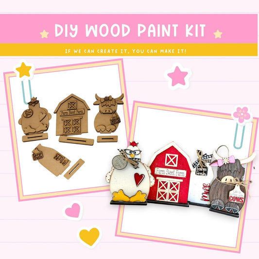 a wooden craft kit with farm animals and a barn