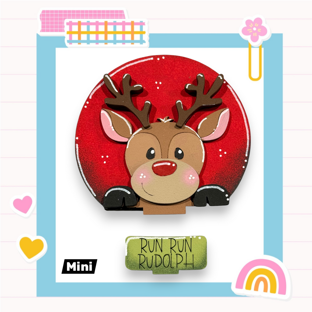 a red reindeer with antlers, wearing a red hat, and the text "RUN RUN RUDOLPH" written on a green sign below the reindeer.