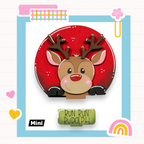 a red reindeer with antlers, wearing a red hat, and the text "RUN RUN RUDOLPH" written on a green sign below the reindeer.