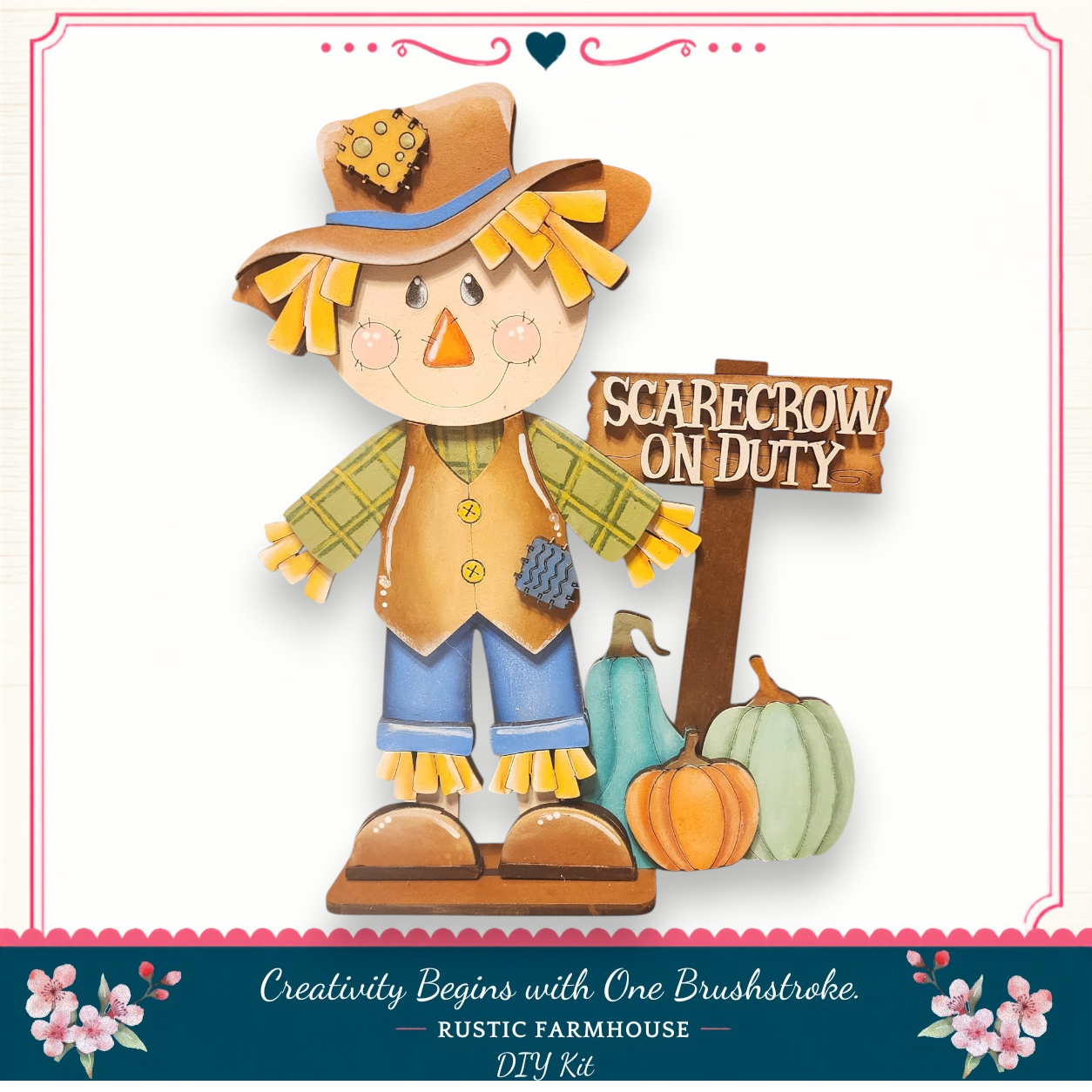 A scarecrow figure holding a sign that says "SCARECROW ON DUTY" and two pumpkins, representing a fall-themed decoration.