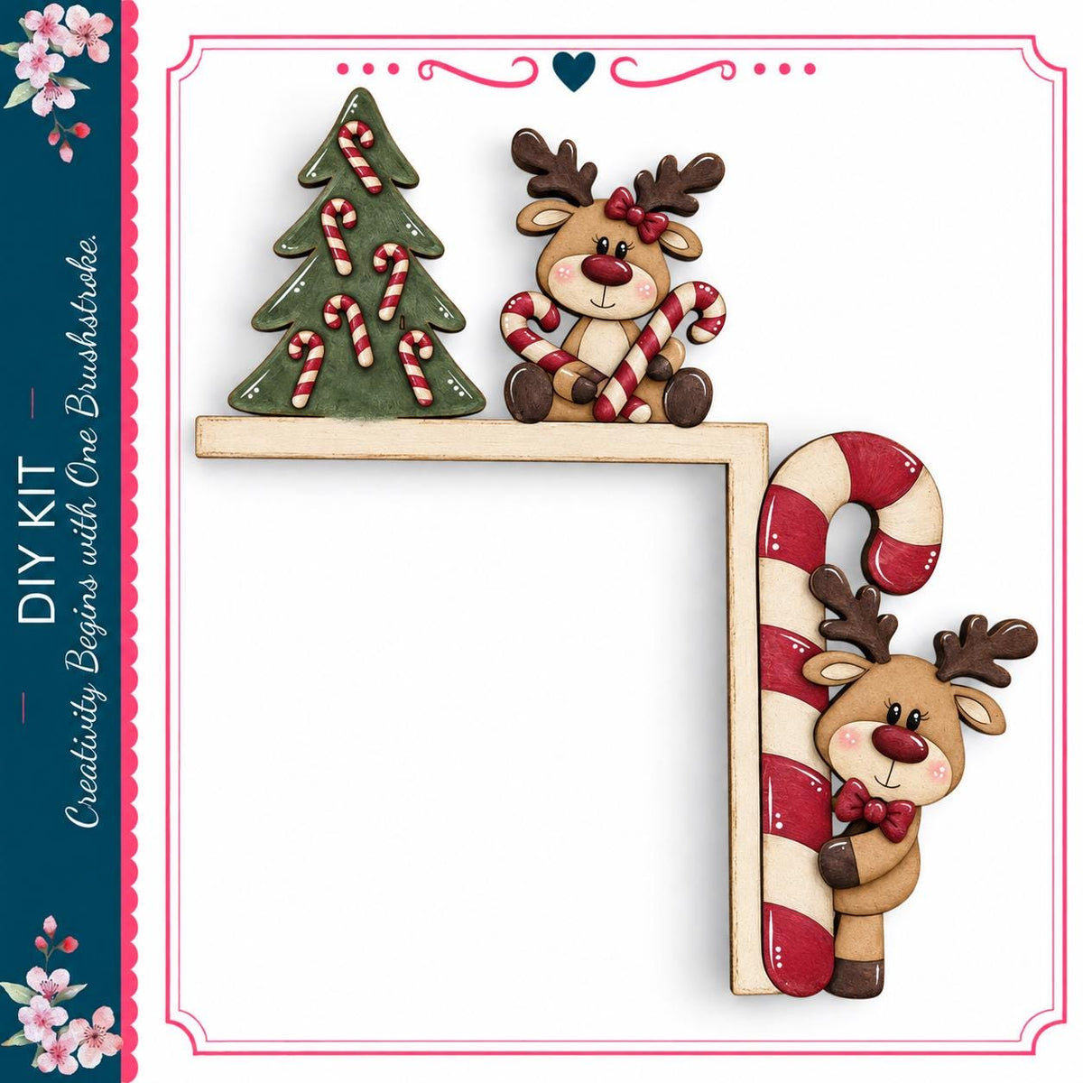 a festive scene with a Christmas tree, a reindeer, and a candy cane. The reindeer is sitting on a shelf, and the candy cane is leaning against the shelf. The Christmas tree is decorated with candy canes and other ornaments. The overall scene is a cheerful and holiday-themed image.