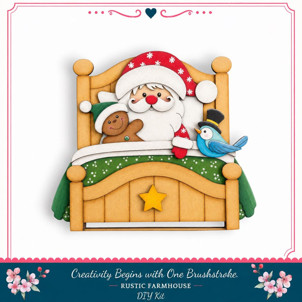 A wooden bed with a Santa Claus figure and a gingerbread man, along with a bird, is depicted in the image.
