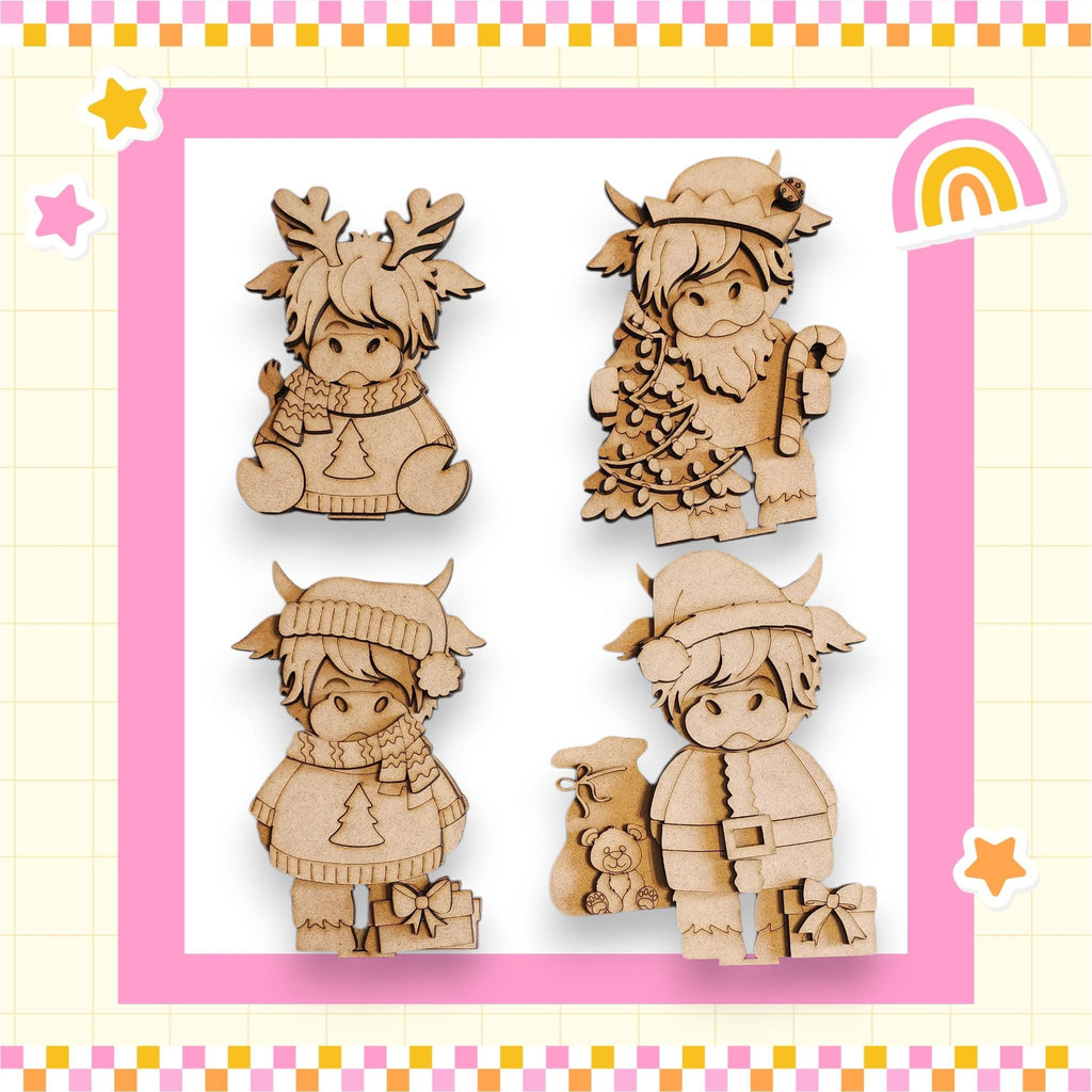 four wooden cutouts of cartoon-like characters, each wearing a unique outfit and hat, arranged in a square frame with a pink border.