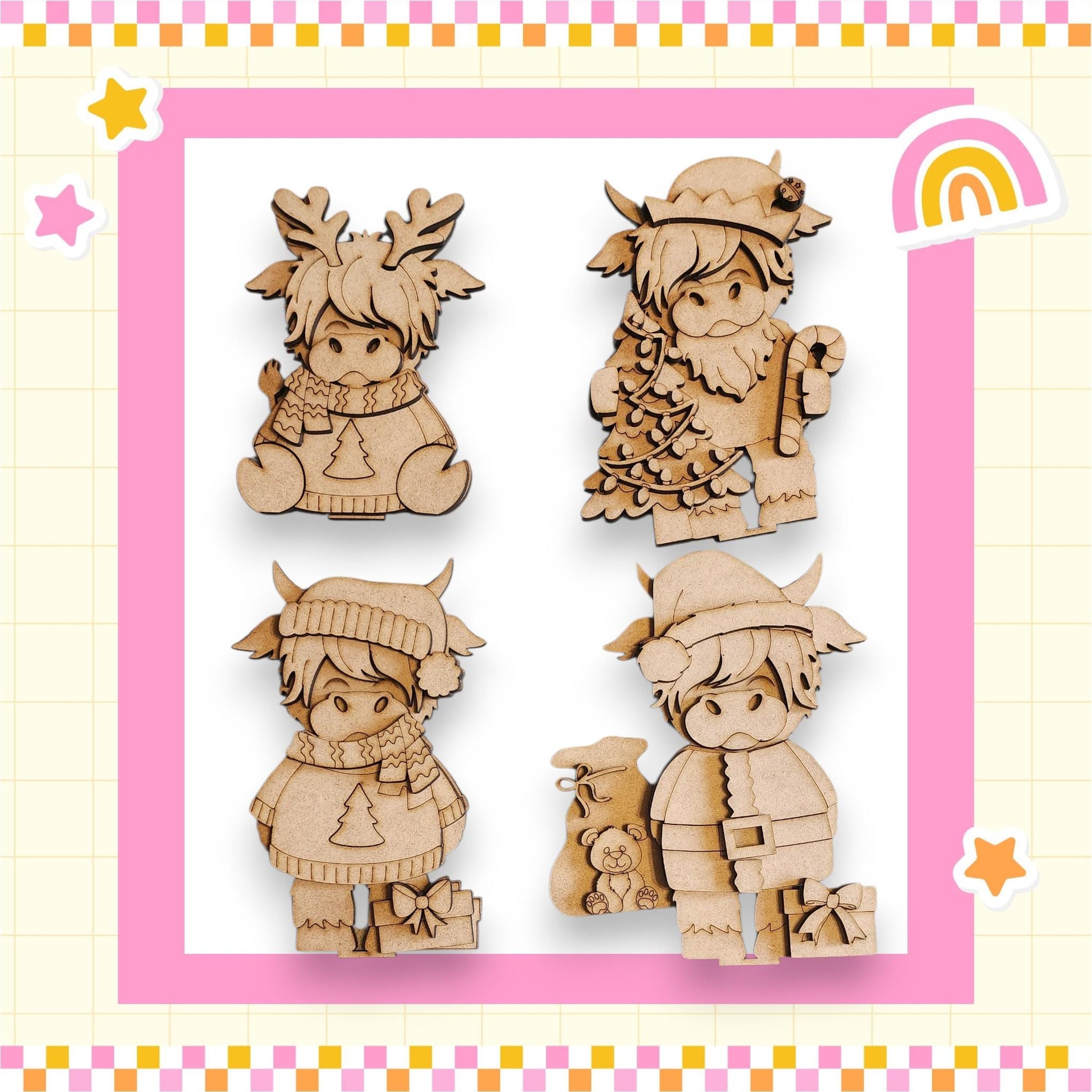 four wooden cutouts of cartoon-like characters, each wearing a unique outfit and hat, arranged in a square frame with a pink border.