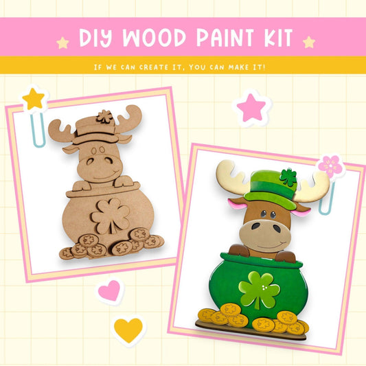 a wooden cutout of a moose and a pot of gold coins