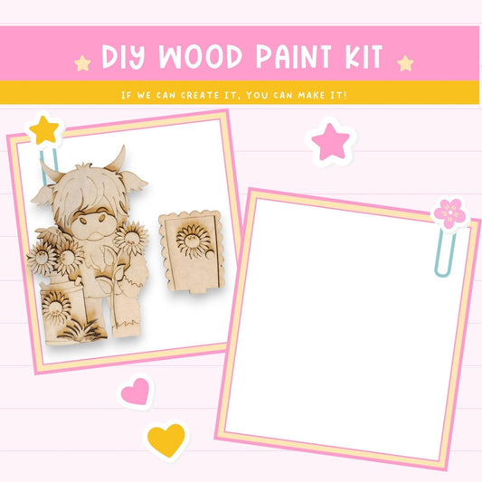 The image is a DIY wood paint kit featuring a wooden character and various wooden shapes, along with a blank space for painting.