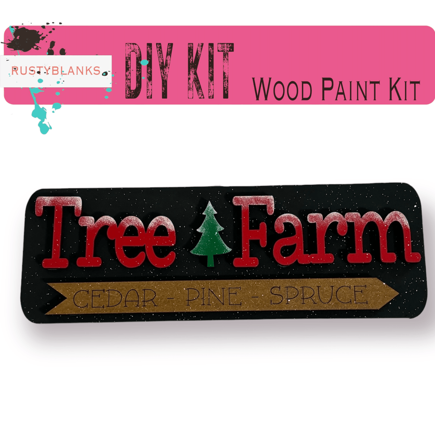 a sign that says tree farm and a sticker that says diy kit