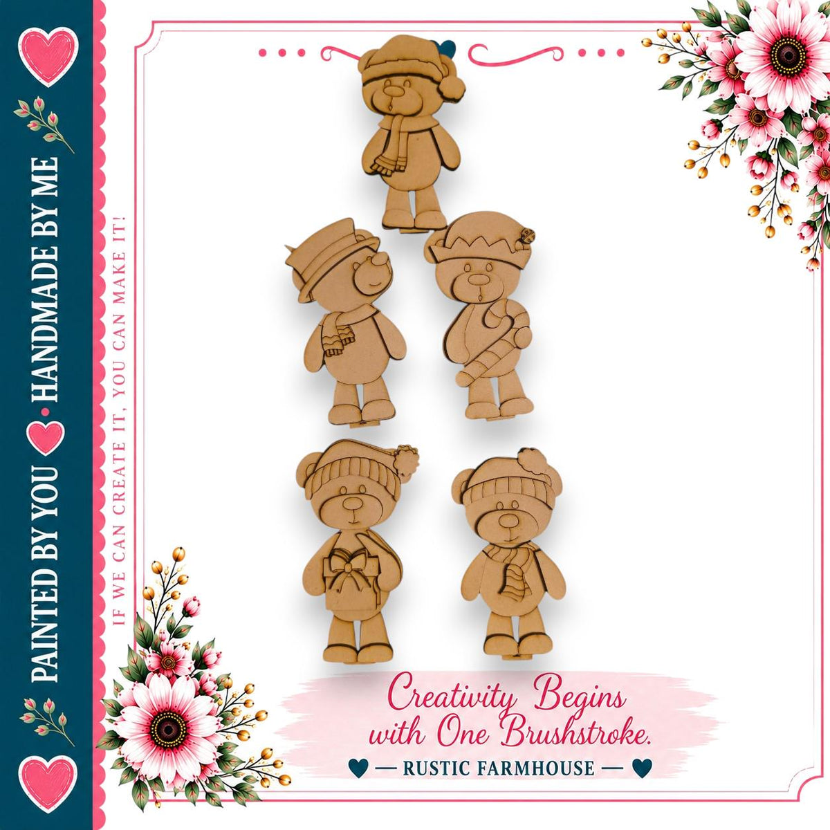a creative wooden bear decoration with a floral border.