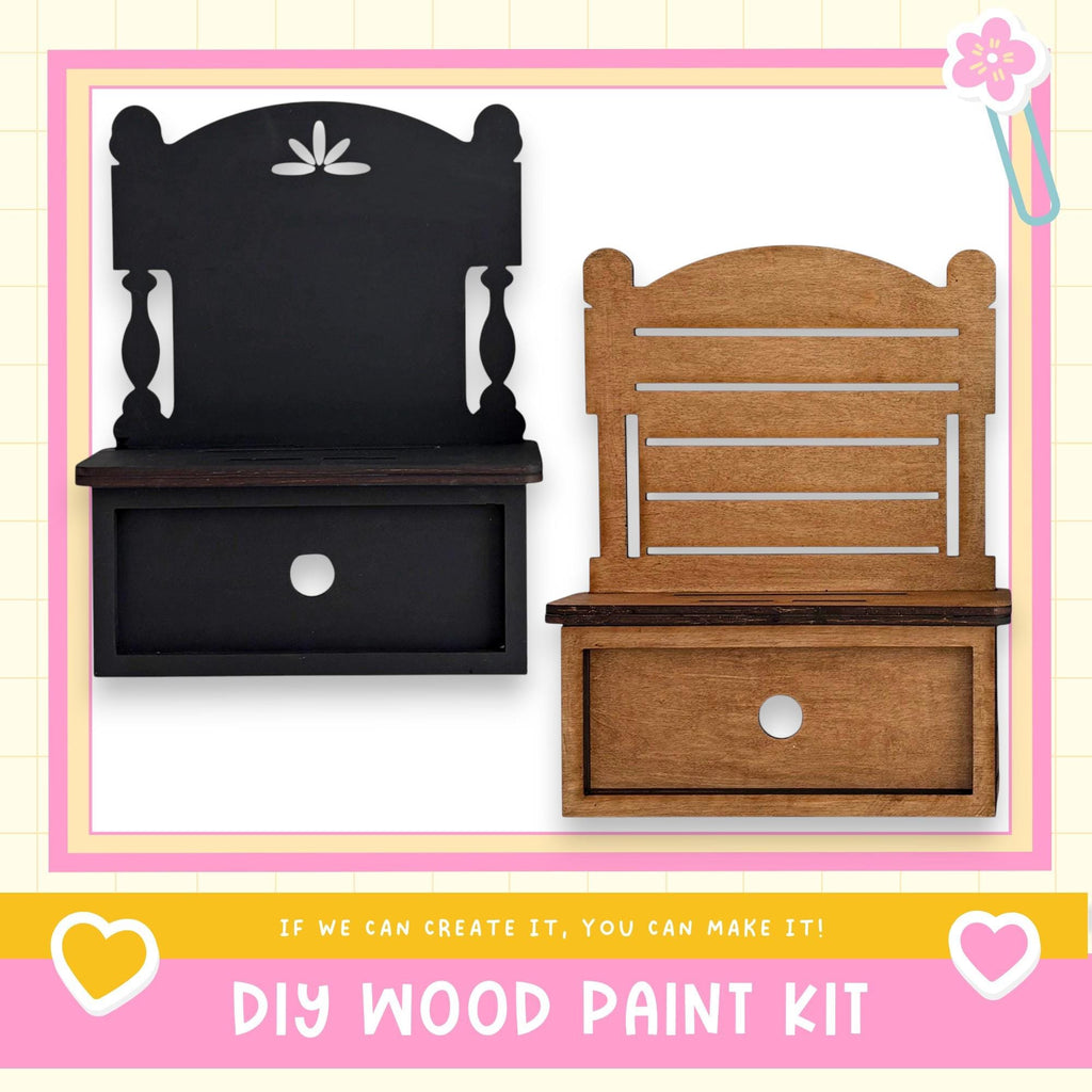 two wooden shelves, one black and one brown, with a DIY wood paint kit labeled "DIY WOOD PAINT KIT" in the bottom right corner.