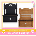 two wooden shelves, one black and one brown, with a DIY wood paint kit labeled "DIY WOOD PAINT KIT" in the bottom right corner.