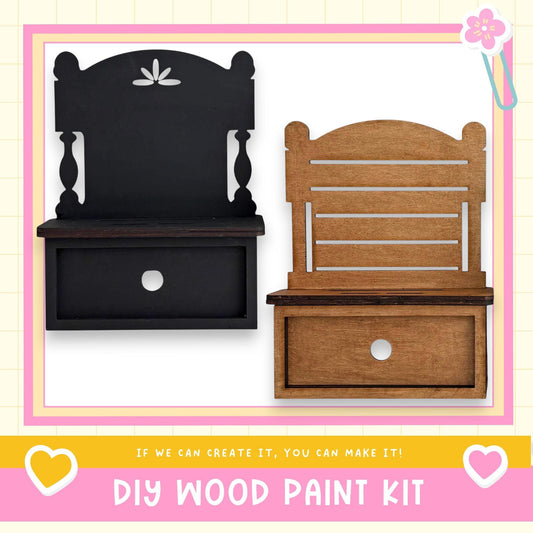 two wooden shelves, one black and one brown, with a DIY wood paint kit labeled "DIY WOOD PAINT KIT" in the bottom right corner.