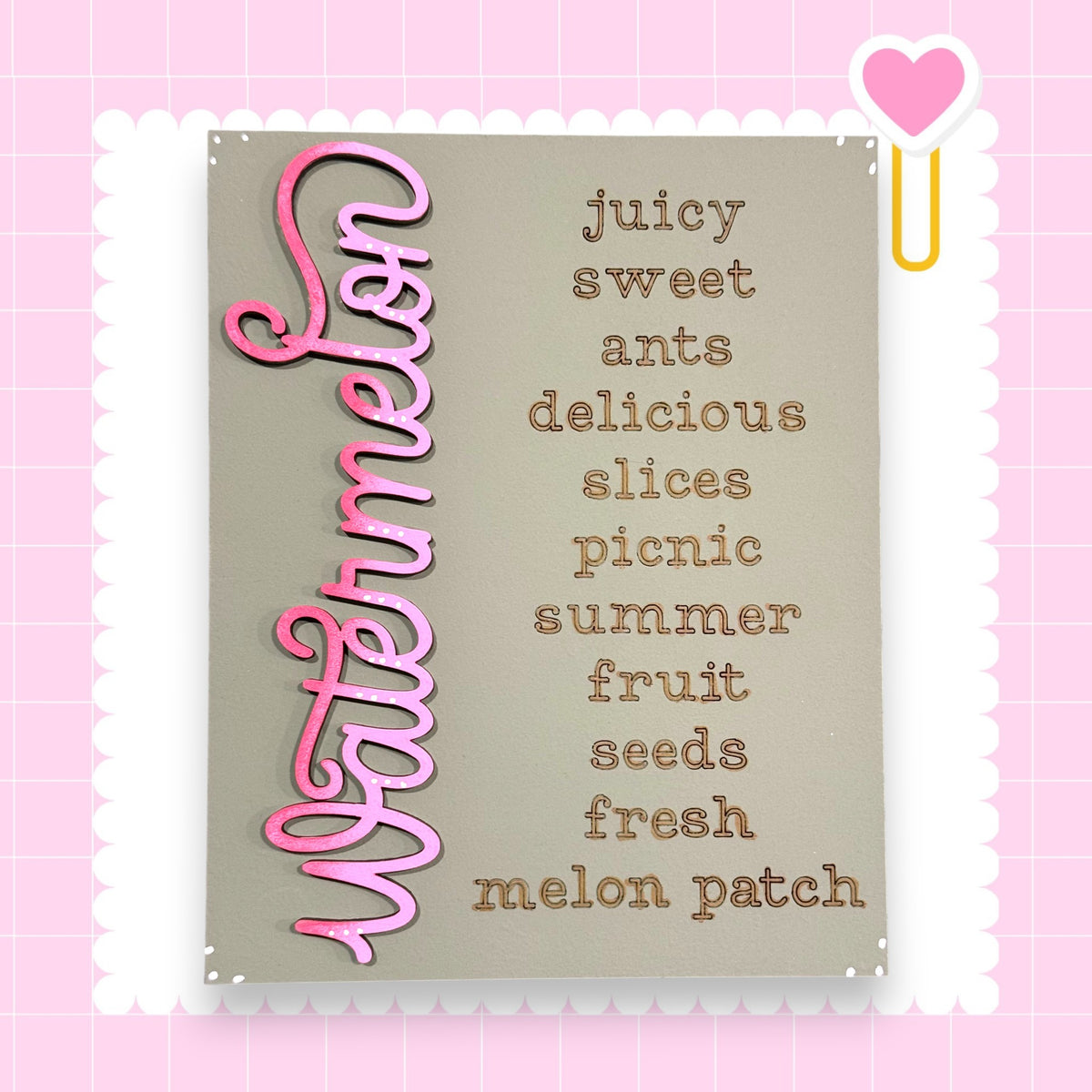 a list of words written in pink cursive font, which are "juicy sweet ants delicious slices picnic summer fruit seeds fresh melon patch" arranged in a column.