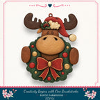 A wooden ornament in the shape of a moose wearing a Santa hat and a wreath, with red and gold ornaments and a bow.