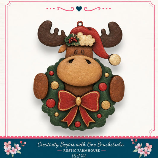 A wooden ornament in the shape of a moose wearing a Santa hat and a wreath, with red and gold ornaments and a bow.
