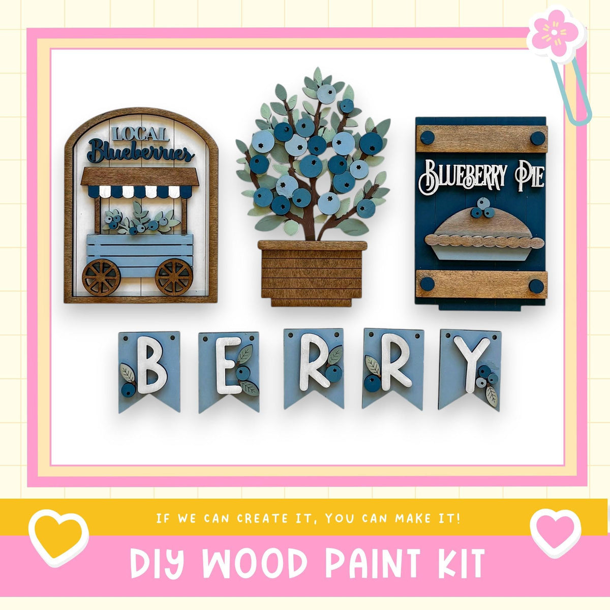 The image is a DIY wood paint kit featuring a "Local Blueberries" sign, a "Blueberry Pie" sign, and a "Berry" banner. The kit appears to be made of wood and is designed for creating custom signs or decorations.