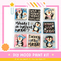 The image is a collage of nine winter-themed illustrations featuring penguins, snowmen, and other snowy scenes. The illustrations are arranged in a grid format, with each image showcasing a different winter-themed scene. The collage includes text elements such as "Have a Penguin Perfect Snow Day", "Waddle I do without winter?", "Penguins Love Winter", "Dancing into Winter", and "DIY WOOD PAINT KIT".