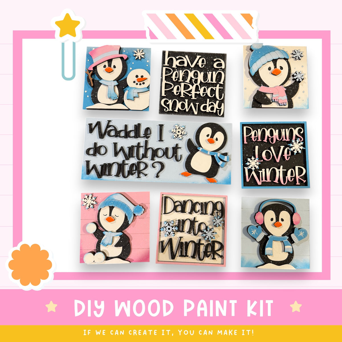 The image is a collage of nine winter-themed illustrations featuring penguins, snowmen, and other snowy scenes. The illustrations are arranged in a grid format, with each image showcasing a different winter-themed scene. The collage includes text elements such as "Have a Penguin Perfect Snow Day", "Waddle I do without winter?", "Penguins Love Winter", "Dancing into Winter", and "DIY WOOD PAINT KIT".