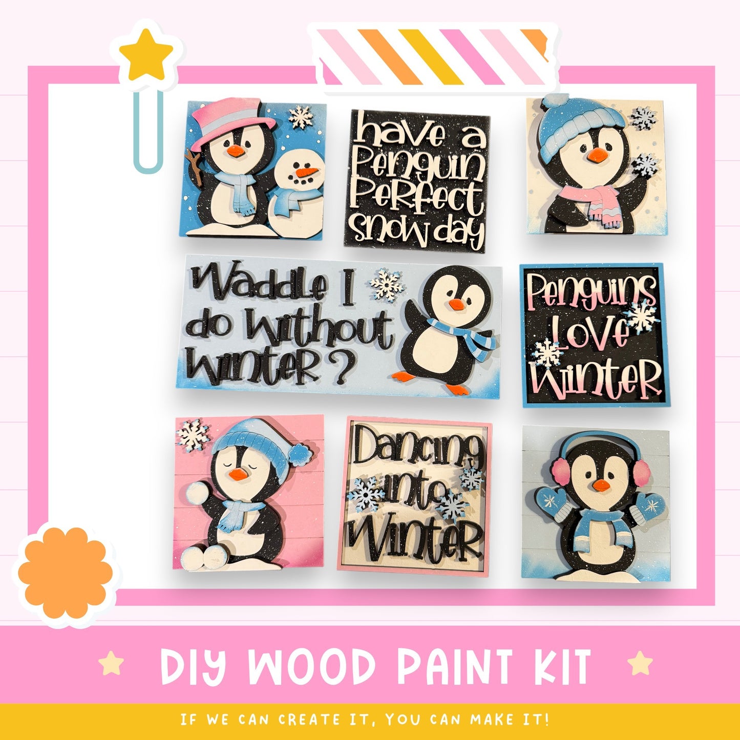 The image is a collage of nine winter-themed illustrations featuring penguins, snowmen, and other snowy scenes. The illustrations are arranged in a grid format, with each image showcasing a different winter-themed scene. The collage includes text elements such as "Have a Penguin Perfect Snow Day", "Waddle I do without winter?", "Penguins Love Winter", "Dancing into Winter", and "DIY WOOD PAINT KIT".