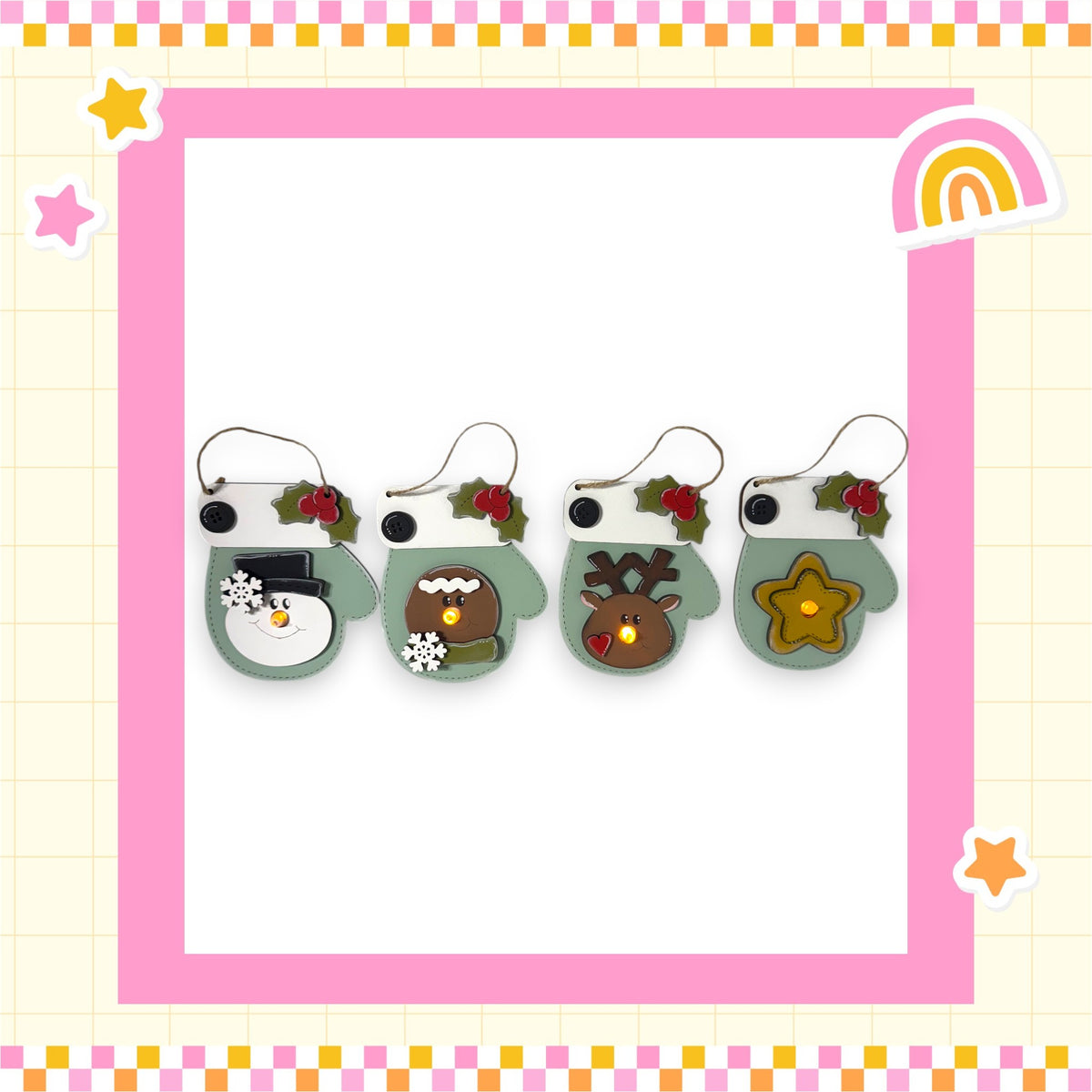 A row of four festive mittens with various holiday-themed decorations, including a snowman, reindeer, star, and bow, all set against a pink and yellow checkered background.
