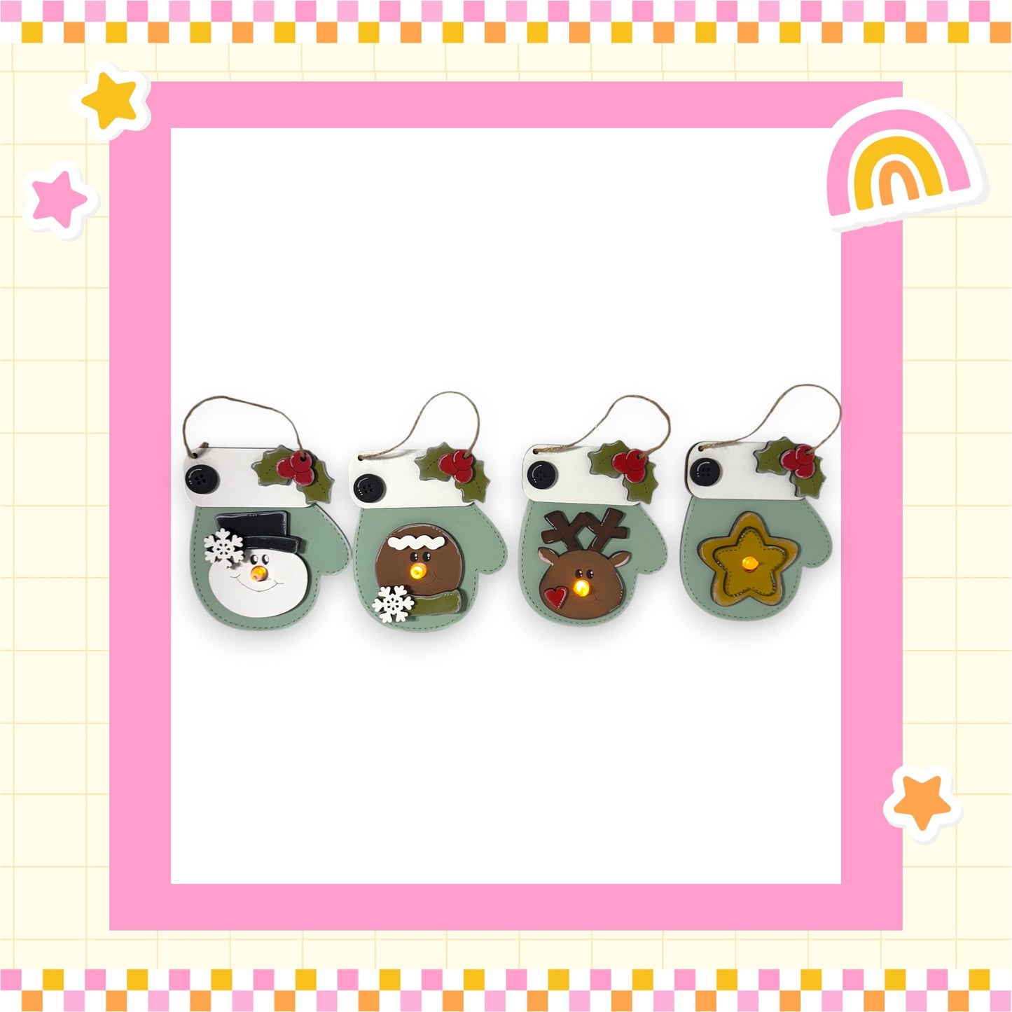 A row of four festive mittens with various holiday-themed decorations, including a snowman, reindeer, star, and bow, all set against a pink and yellow checkered background.