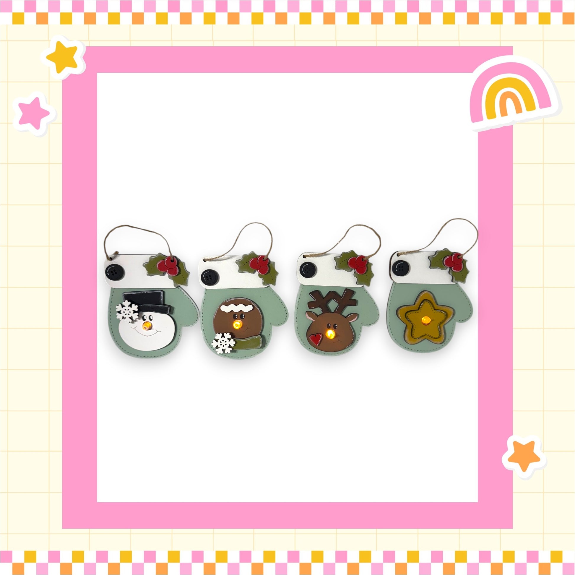A row of four festive mittens with various holiday-themed decorations, including a snowman, reindeer, star, and bow, all set against a pink and yellow checkered background.