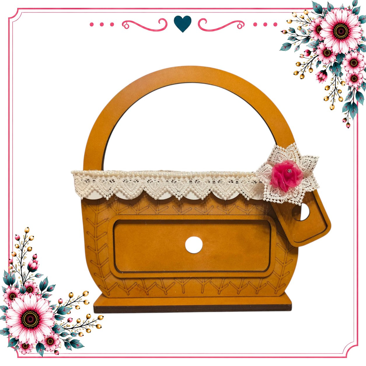 a wooden handbag with a lace trim and a pink flower attached to it, set against a white background with floral decorations on either side.