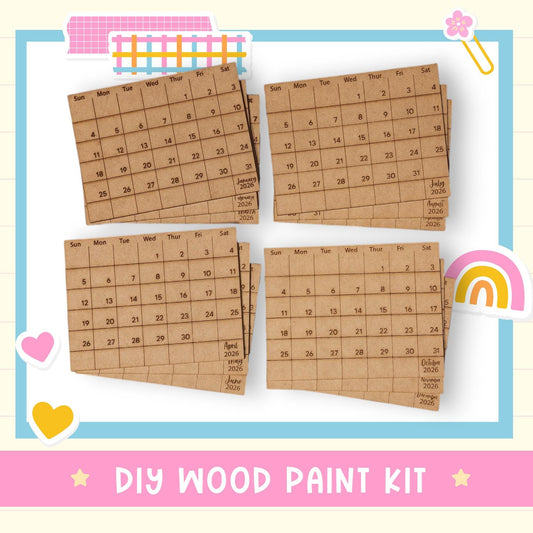 a DIY wood paint kit with four calendar cards, each with a wooden frame and a calendar grid. The calendar cards are arranged in a grid pattern, with each row representing a month and each column representing a day. The kit appears to be designed for creating custom wooden calendars.