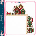 A festive Christmas-themed collage featuring a red and green house with a Santa Claus train on the side, surrounded by holiday decorations and a wreath.