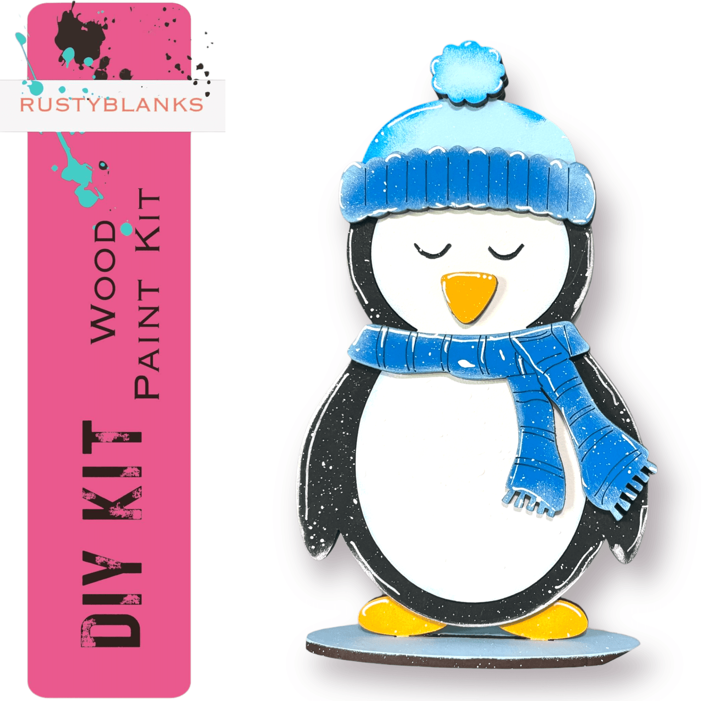 a penguin wearing a blue hat and scarf