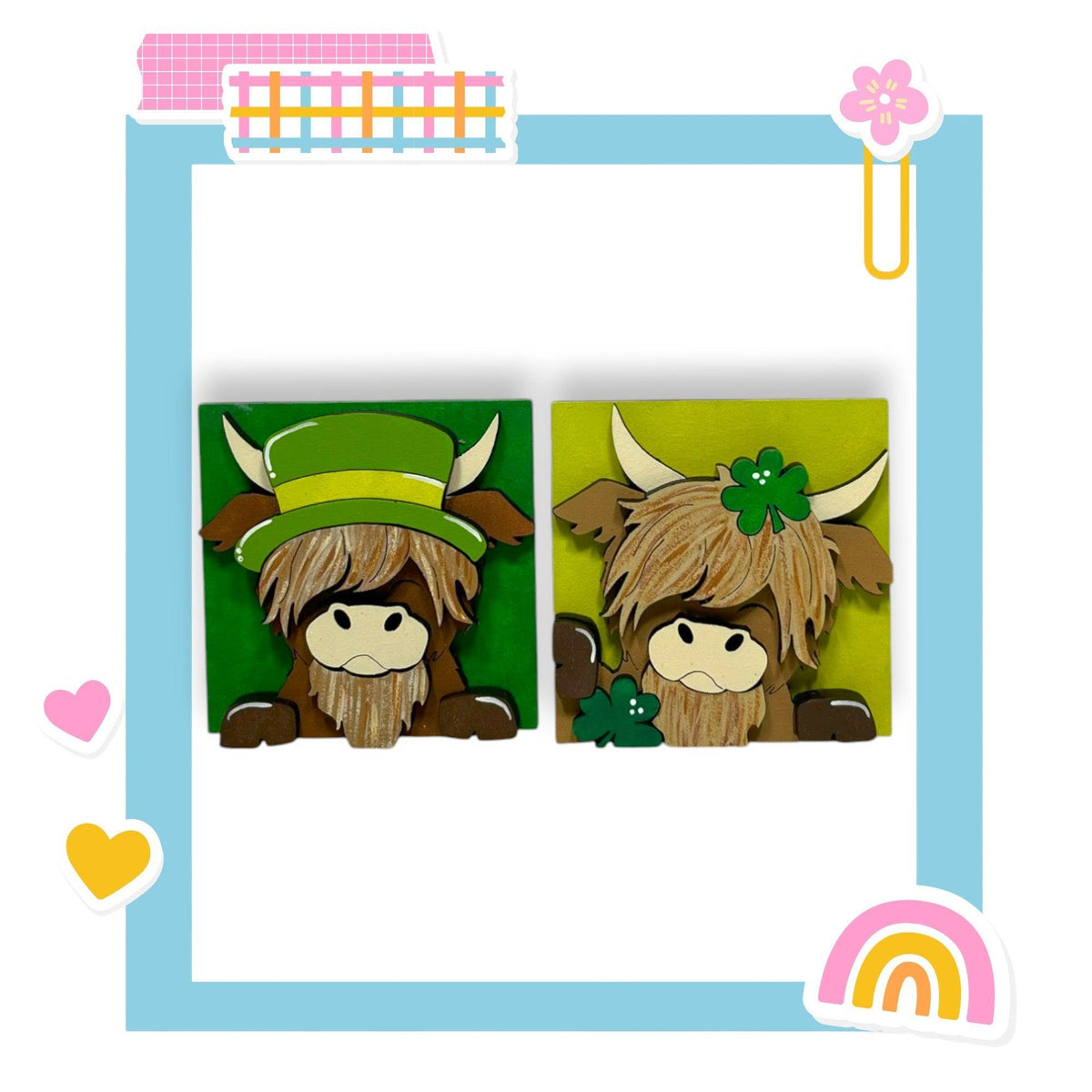 a card with a picture of a cow wearing a green hat