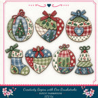The image is a collection of six decorative Christmas ornaments, each with unique patterns and designs, arranged in a grid. The ornaments feature a variety of colors and patterns, including red, green, blue, and white, as well as other festive elements like hearts, pine trees, and flowers. The image does not contain any text, and the focus is on the intricate and visually appealing designs of the ornaments.