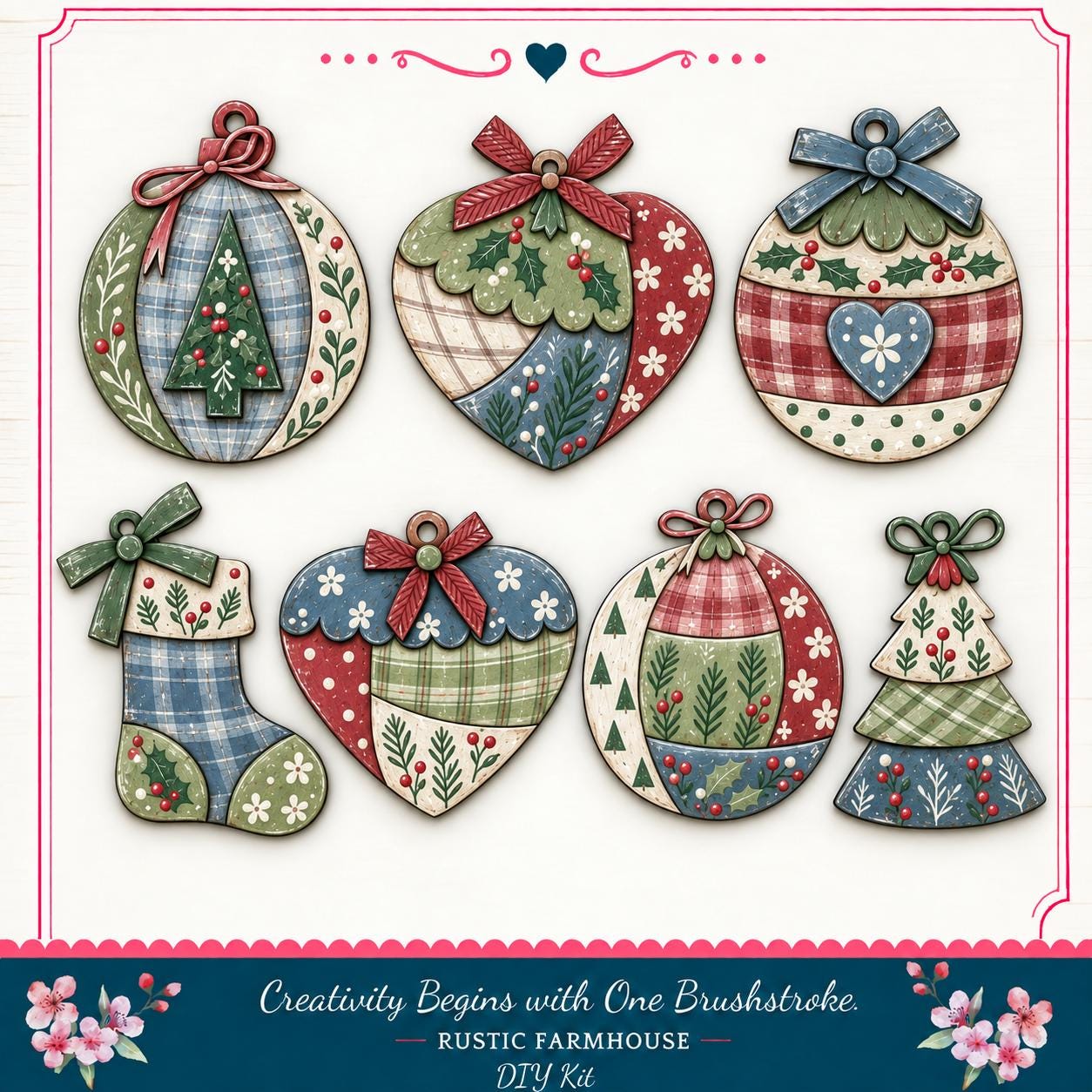 The image is a collection of six decorative Christmas ornaments, each with unique patterns and designs, arranged in a grid. The ornaments feature a variety of colors and patterns, including red, green, blue, and white, as well as other festive elements like hearts, pine trees, and flowers. The image does not contain any text, and the focus is on the intricate and visually appealing designs of the ornaments.