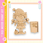 A wooden elf figurine with a sign that says "Welcome Gives" next to it.