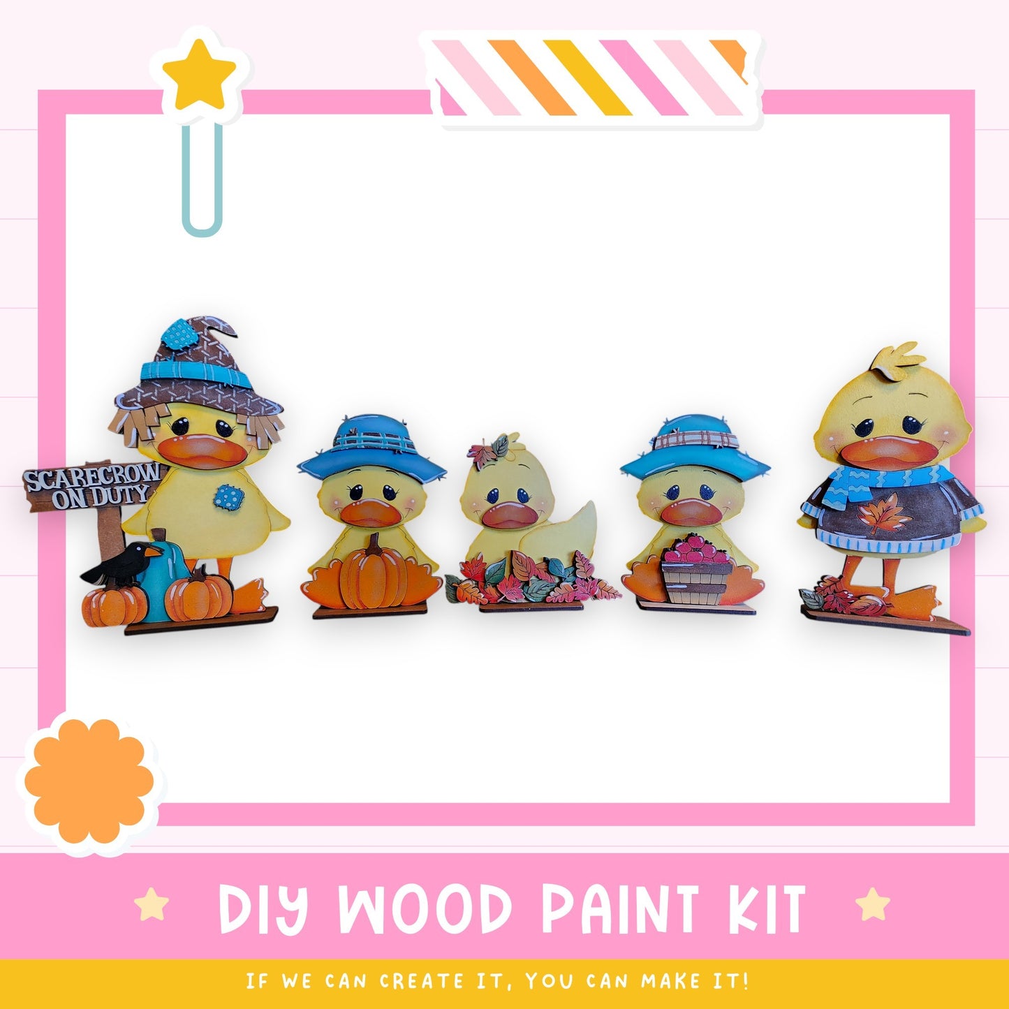 a DIY wood paint kit with five wooden duck figures in various outfits, including a witch hat, a blue hat, a pink hat, a blue hat, and a pink hat. The kit appears to be made of wood and is designed for painting.