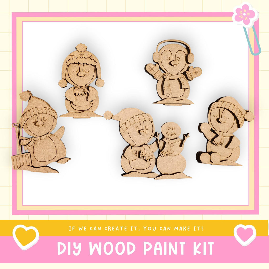 The image is a collage of five wooden snowman and penguin figures, each with unique features and accessories, arranged in a playful and whimsical manner.
