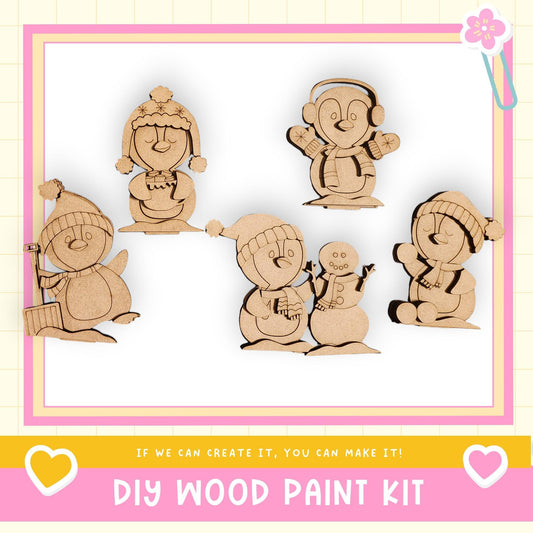 The image is a collage of five wooden snowman and penguin figures, each with unique features and accessories, arranged in a playful and whimsical manner.