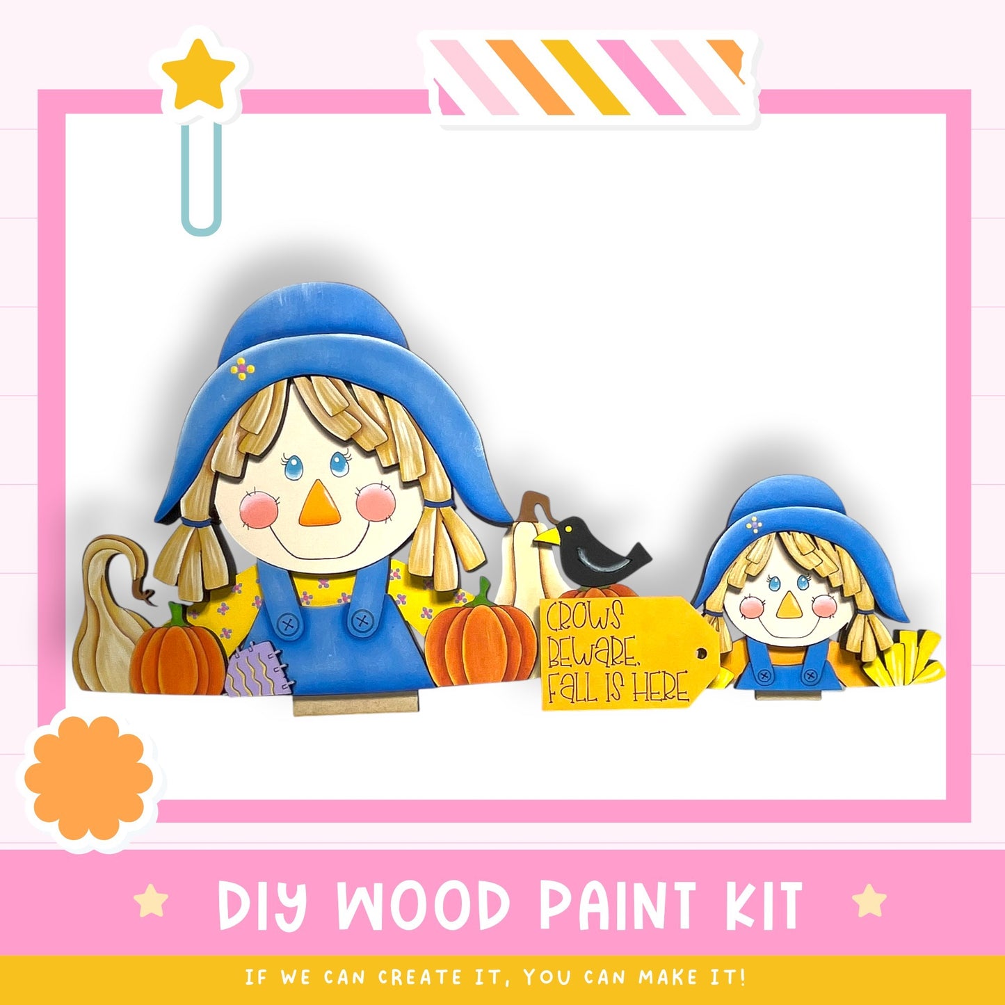 a DIY wood paint kit for creating a scarecrow, with a large scarecrow and a smaller scarecrow in the background. The kit includes a scarecrow figure, a sign that says "Crows warn fall is here", and a pumpkin. The kit is designed to be used by children to create a scarecrow for the fall season.
